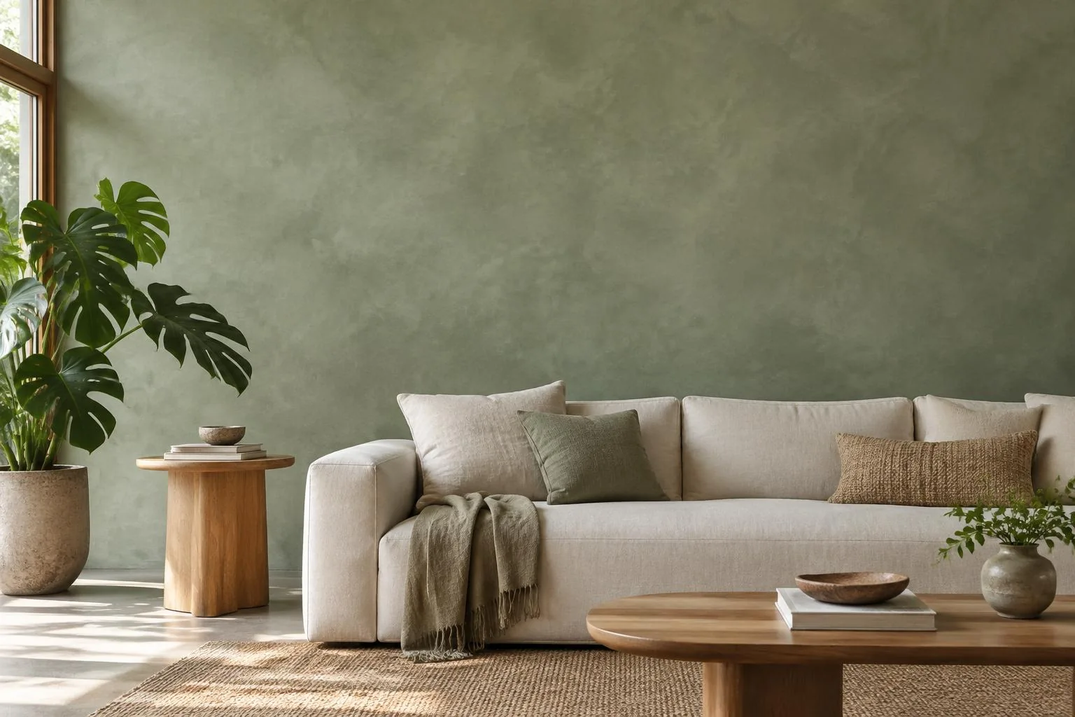Sala com sofá claro e parede verde com variação tonal suave de acabamento decorativo