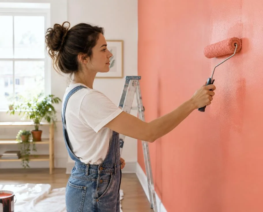 Mulher usando rolo para pintar uma parede coral em um ambiente interno